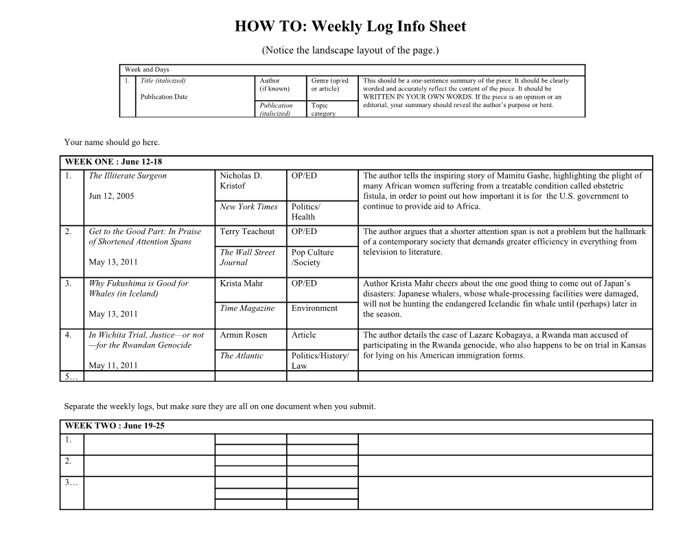 HOW TO: Weekly Log Info Sheet