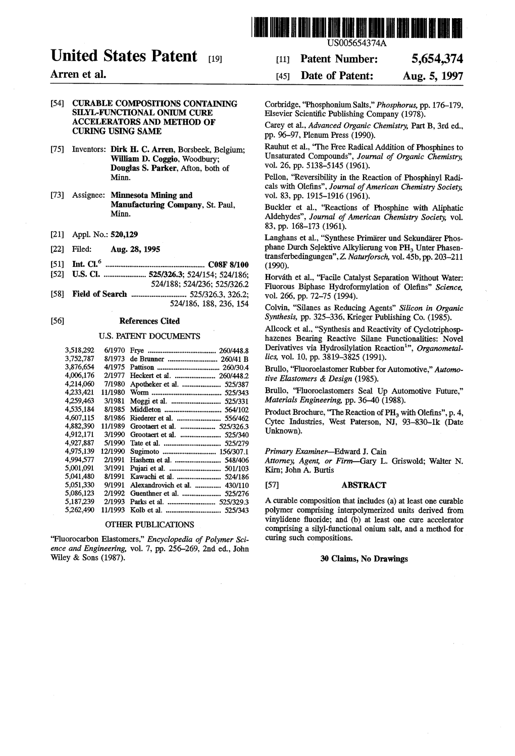 United States Patent (19) 11 Patent Number: 5,654,374 Arren Et Al