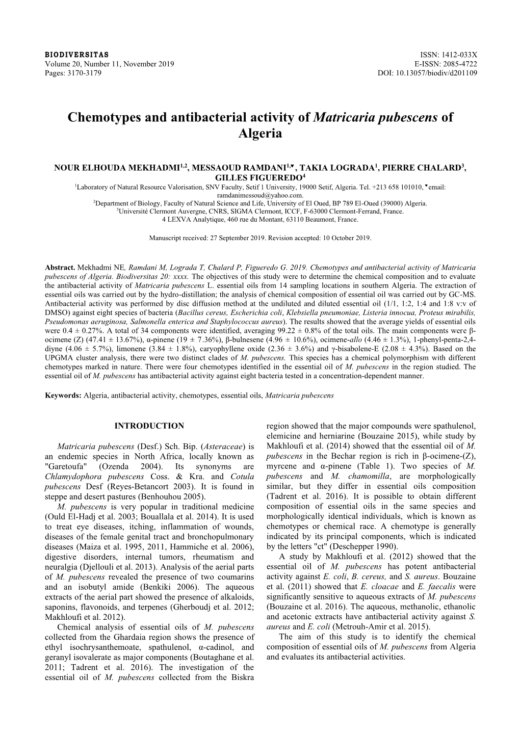 Chemotypes and Antibacterial Activity of Matricaria Pubescens of Algeria