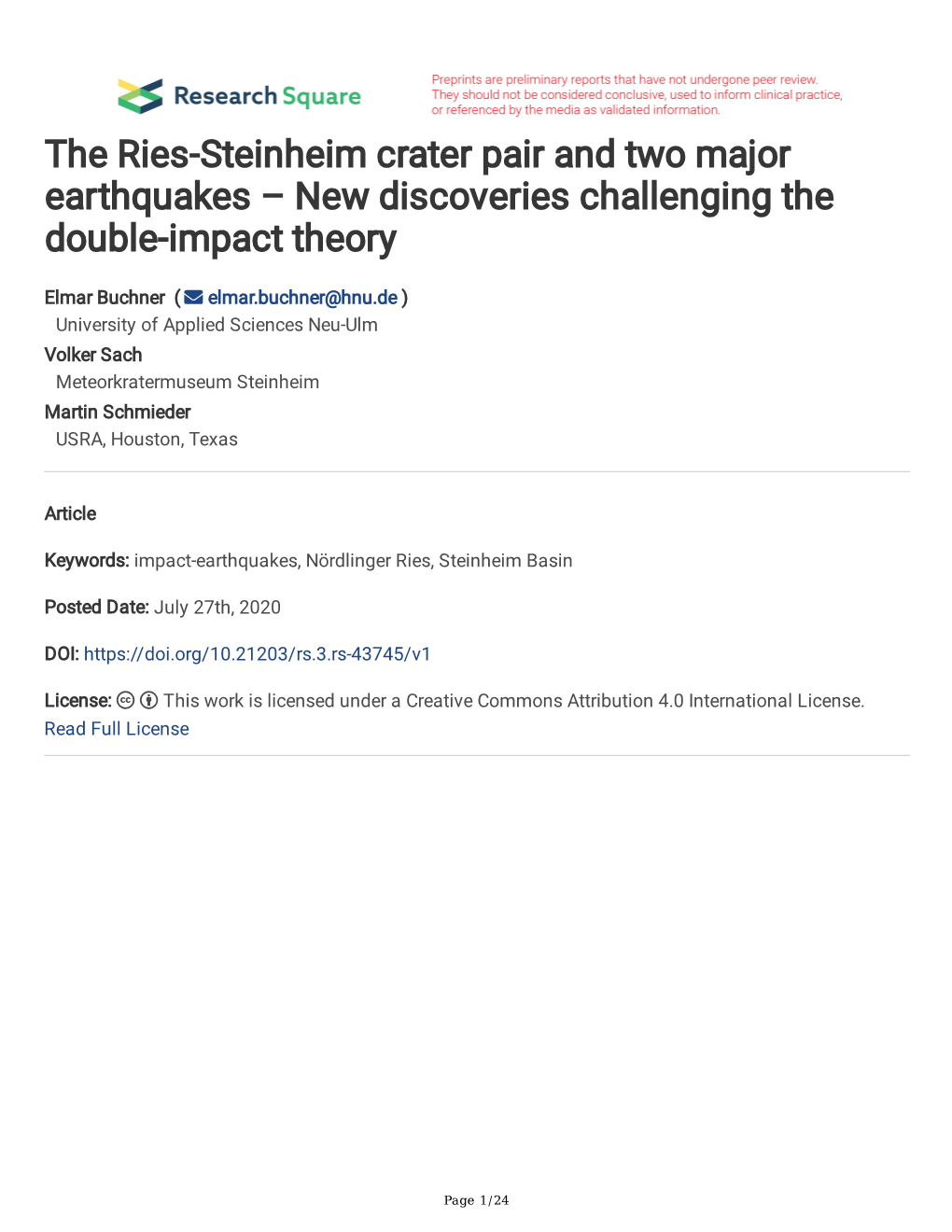 The Ries-Steinheim Crater Pair and Two Major Earthquakes – New Discoveries Challenging the Double-Impact Theory