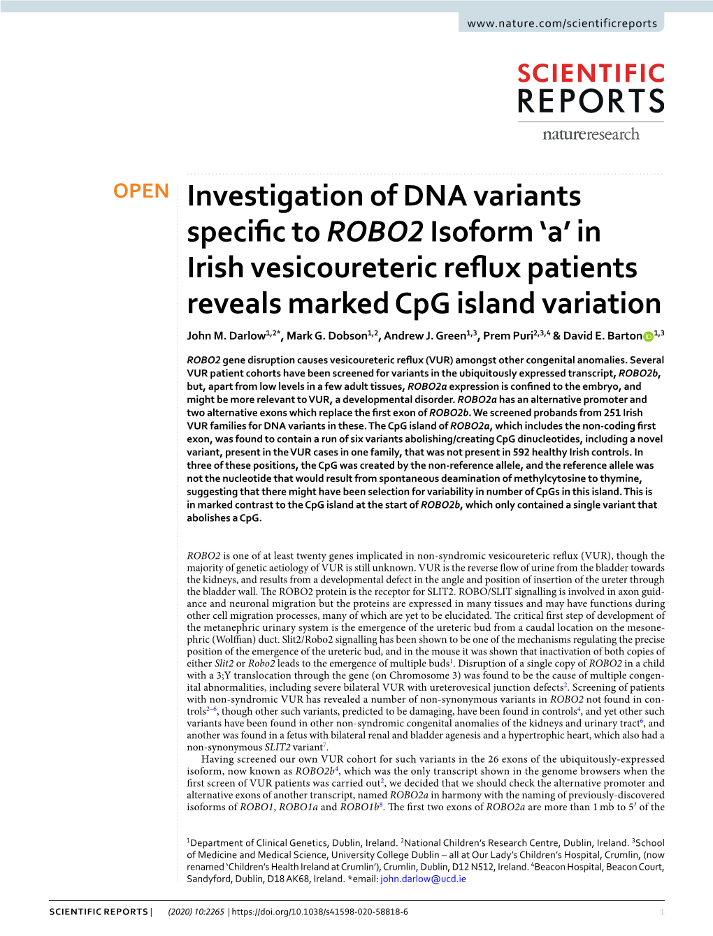 'A' in Irish Vesicoureteric Reflux Patients Reveals Marked Cpg Island Variation