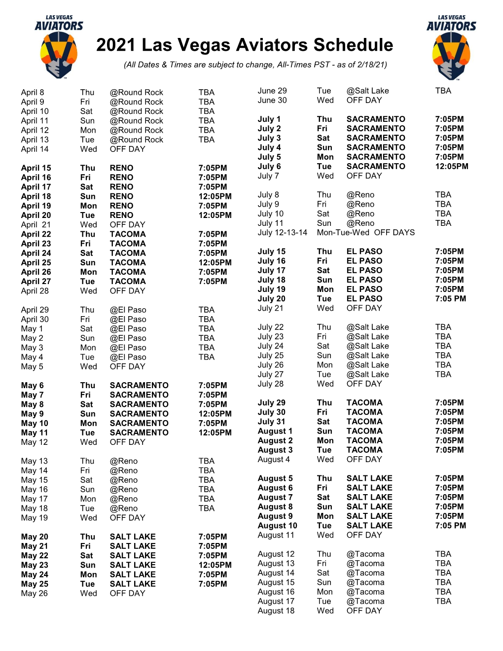 2021 Las Vegas Aviators Schedule (All Dates & Times Are Subject to Change, All-Times PST - As of 2/18/21)