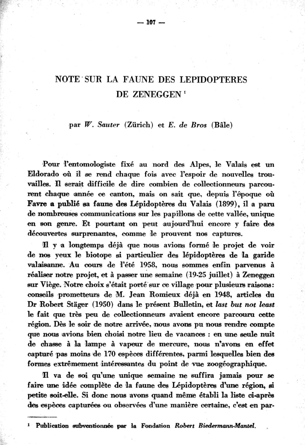 Note Sur La Faune Des Lepidopteres De Zeneggen'