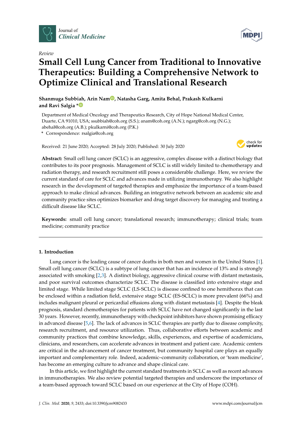 Small Cell Lung Cancer from Traditional to Innovative Therapeutics: Building a Comprehensive Network to Optimize Clinical and Translational Research