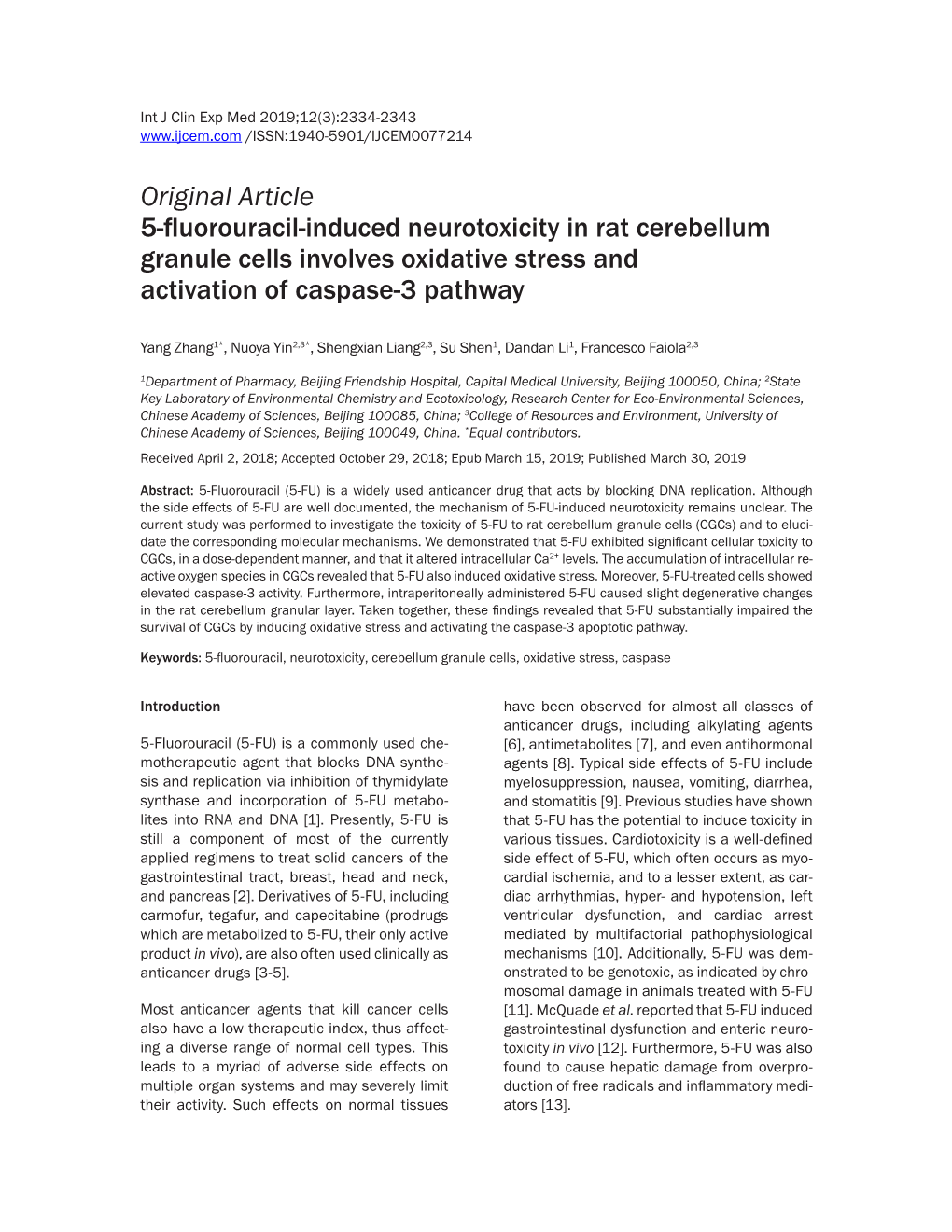 Original Article 5-Fluorouracil-Induced Neurotoxicity in Rat Cerebellum Granule Cells Involves Oxidative Stress and Activation of Caspase-3 Pathway