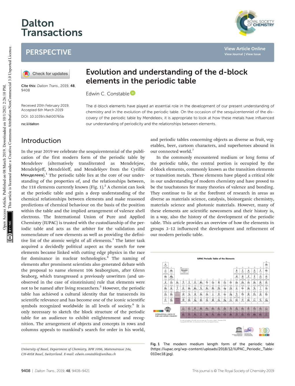 Evolution and Understanding of the D-Block Elements in the Periodic Table Cite This: Dalton Trans., 2019, 48, 9408 Edwin C
