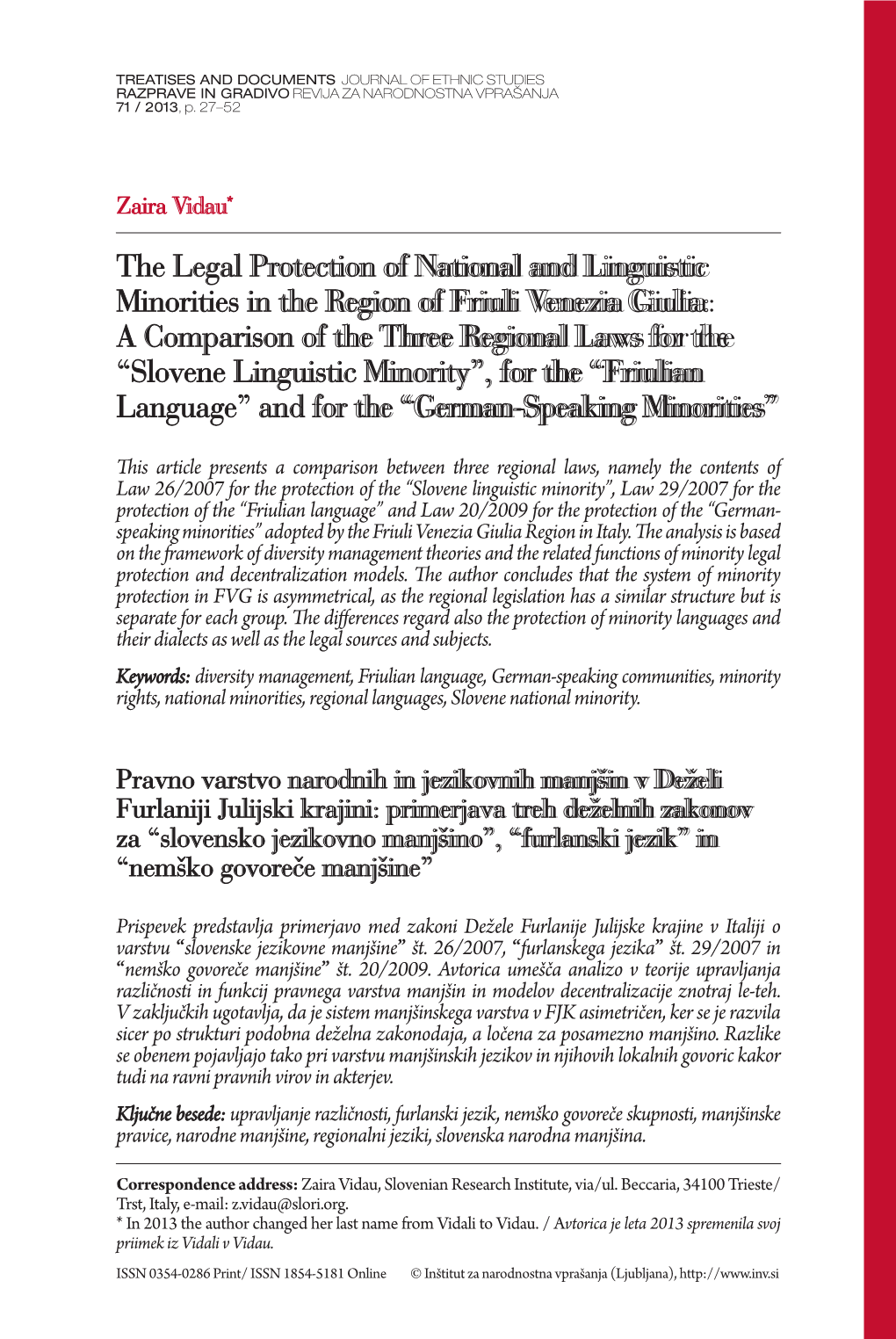 The Legal Protection of National and Linguistic Minorities in the Region Of