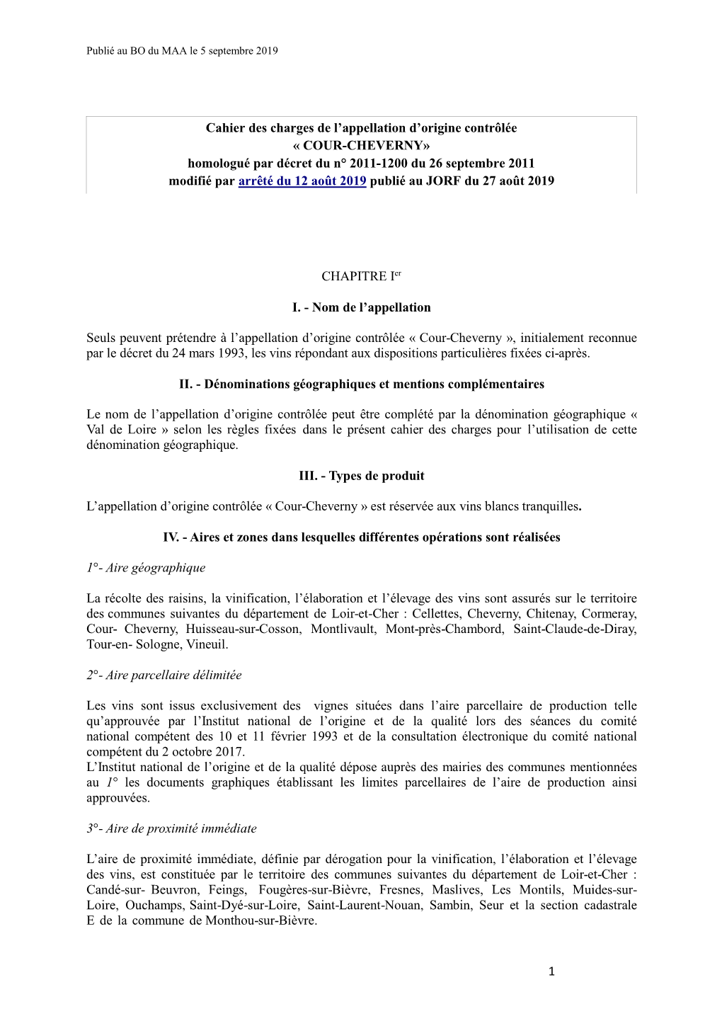 Cahier Des Charges De L'appellation D'origine Contrôlée Cour-Cheverny