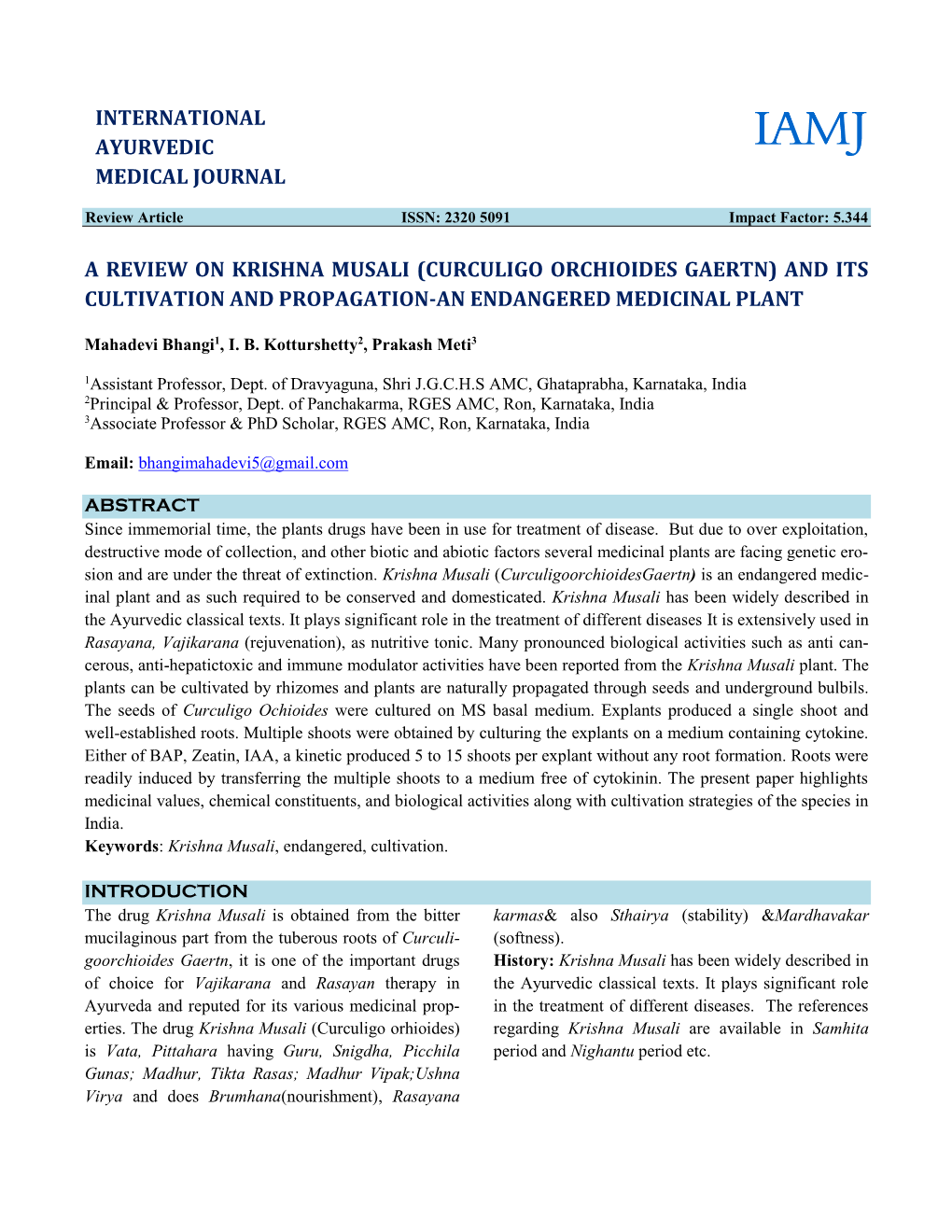 Curculigo Orchioides Gaertn) and Its Cultivation and Propagation-An Endangered Medicinal Plant