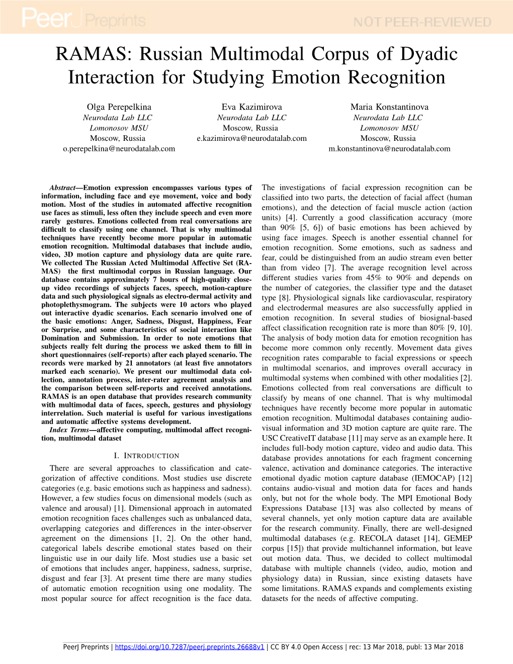 Russian Multimodal Corpus of Dyadic Interaction for Studying Emotion Recognition