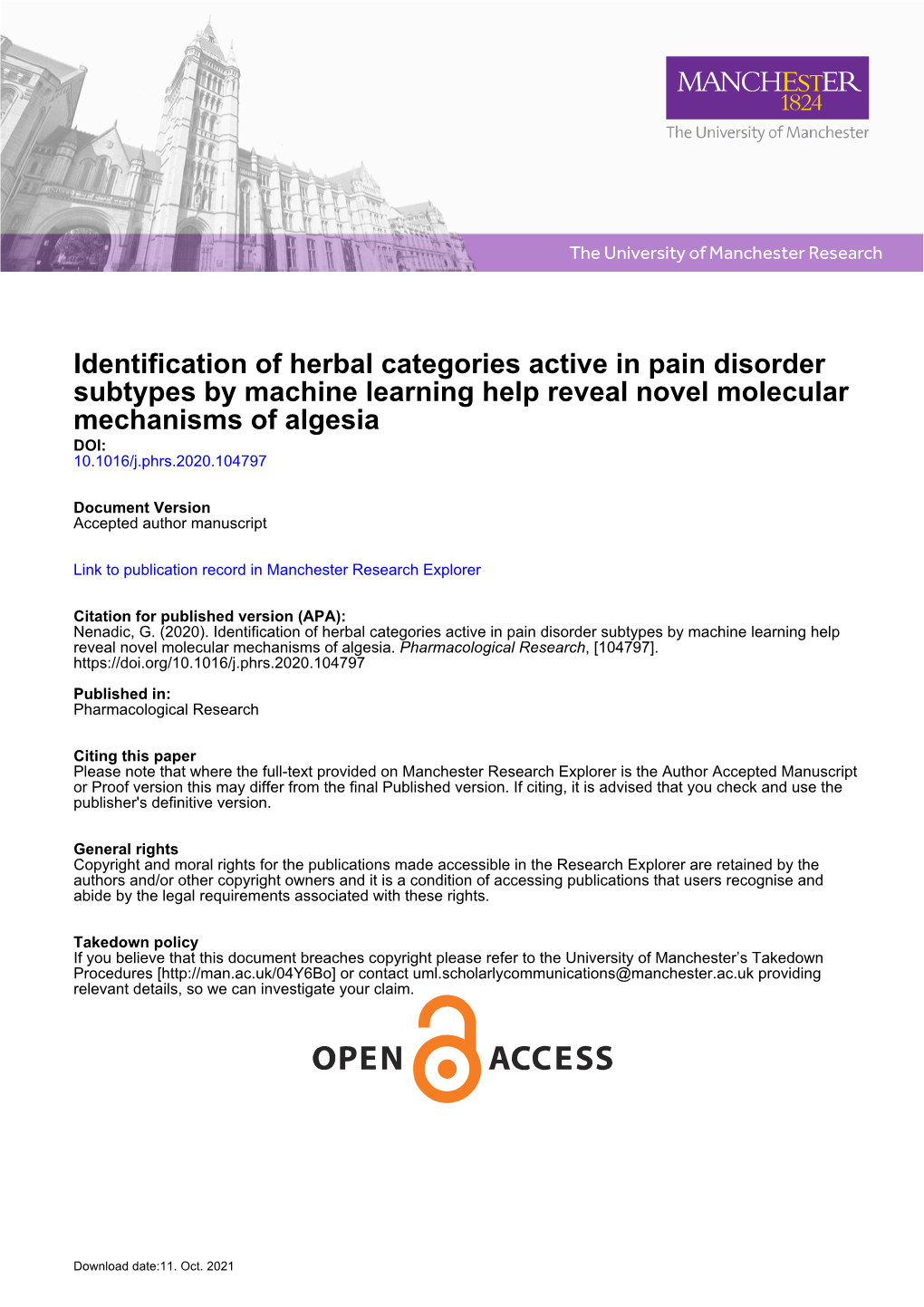 Identification of Herbal Categories Active in Pain Disorder Subtypes By