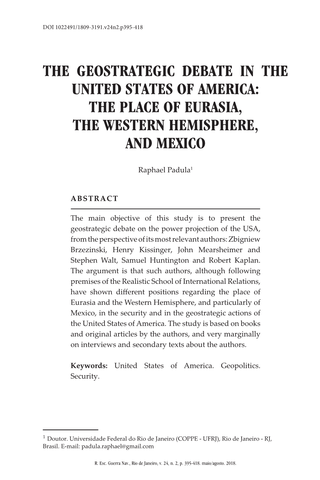 The Geostrategic Debate in the United States of America: the Place of Eurasia, the Western Hemisphere, and Mexico