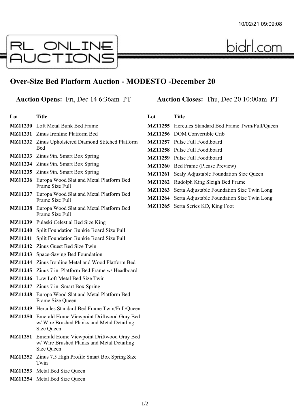 Over-Size Bed Platform Auction - MODESTO -December 20