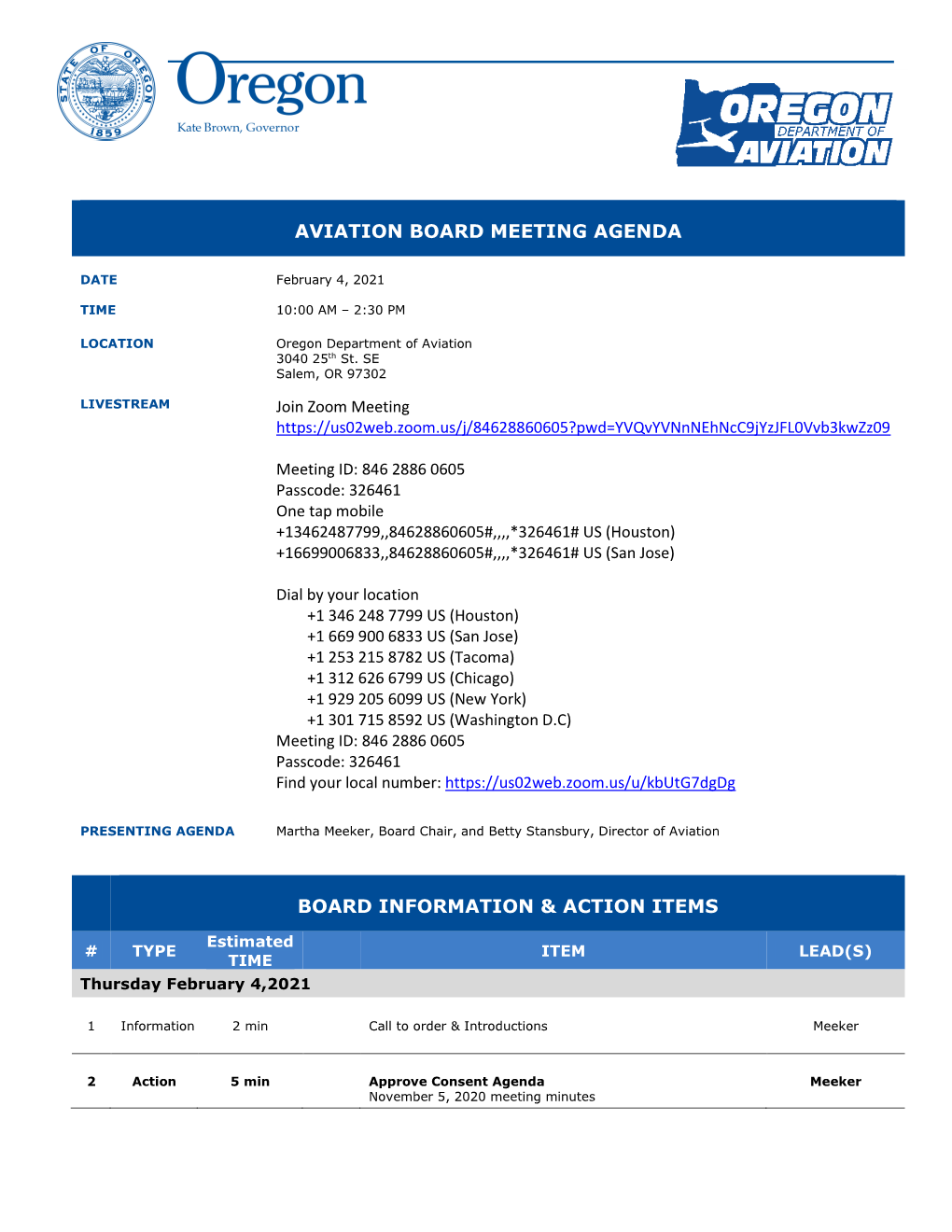 Aviation Board Meeting Agenda Board Information & Action Items