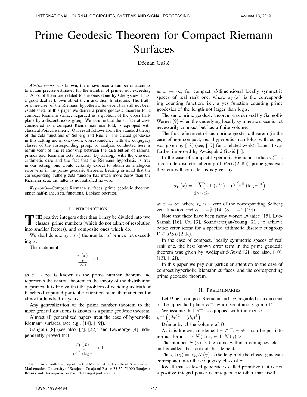 Prime Geodesic Theorem for Compact Riemann Surfaces Dzenanˇ Gusiˇ C´