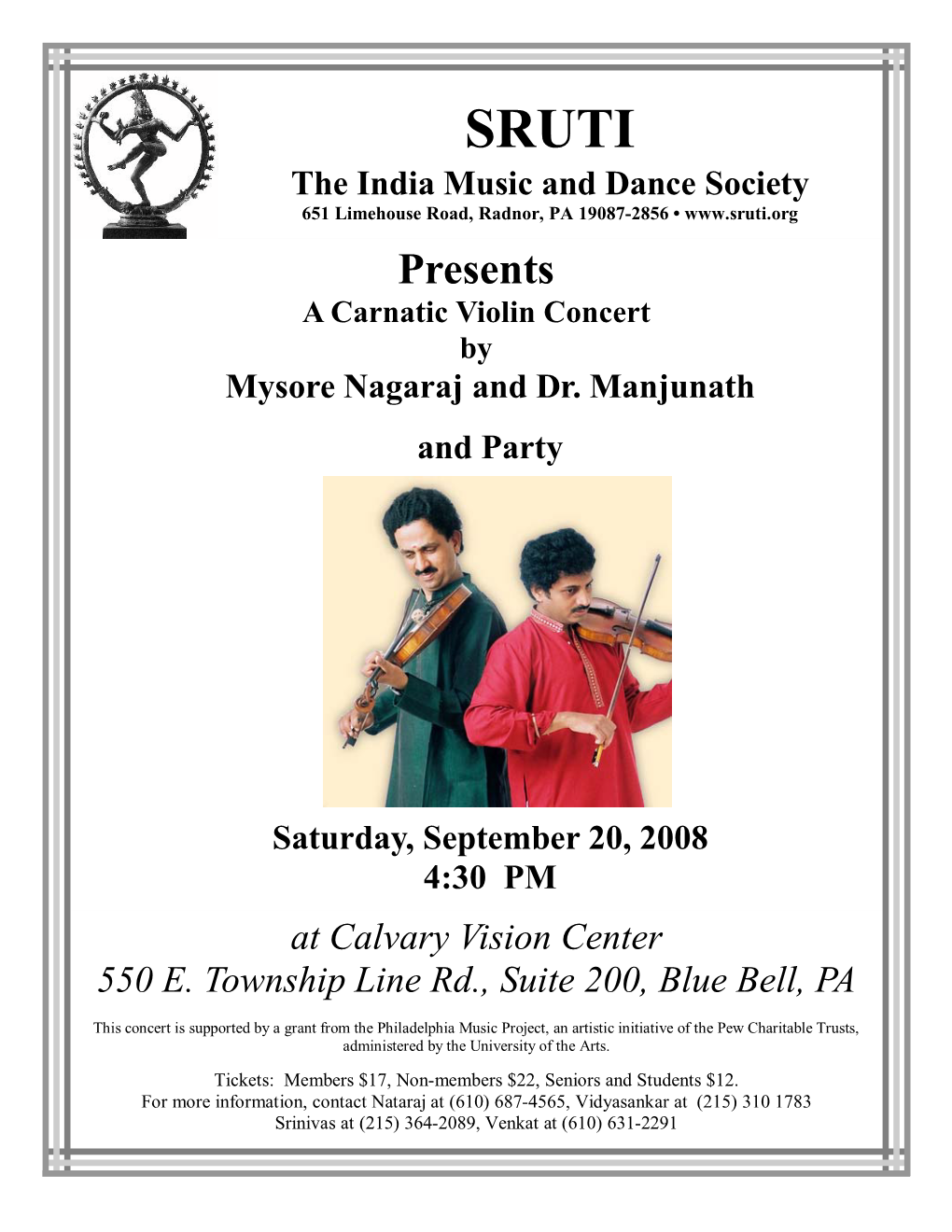 Presents a Carnatic Violin Concert by Mysore Nagaraj and Dr