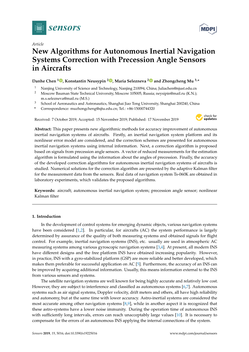 New Algorithms for Autonomous Inertial Navigation Systems Correction with Precession Angle Sensors in Aircrafts