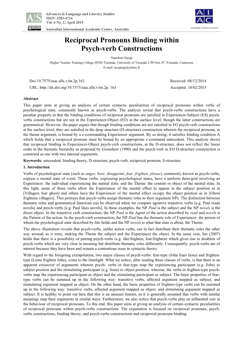 Reciprocal Pronouns Binding Within Psych-Verb Constructions