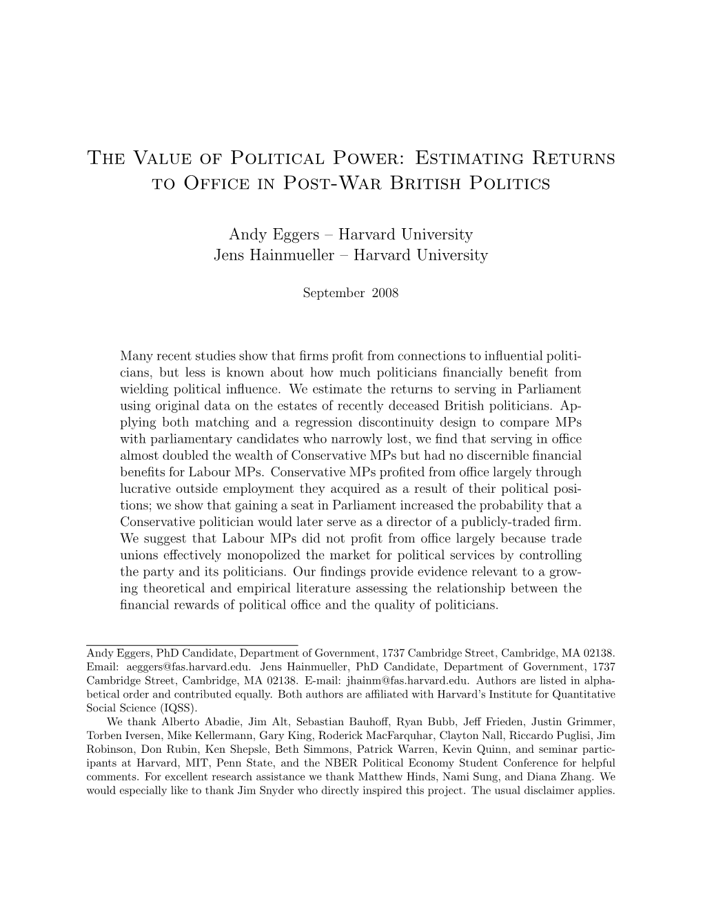 The Value of Political Power: Estimating Returns to Office in Post-War British Politics