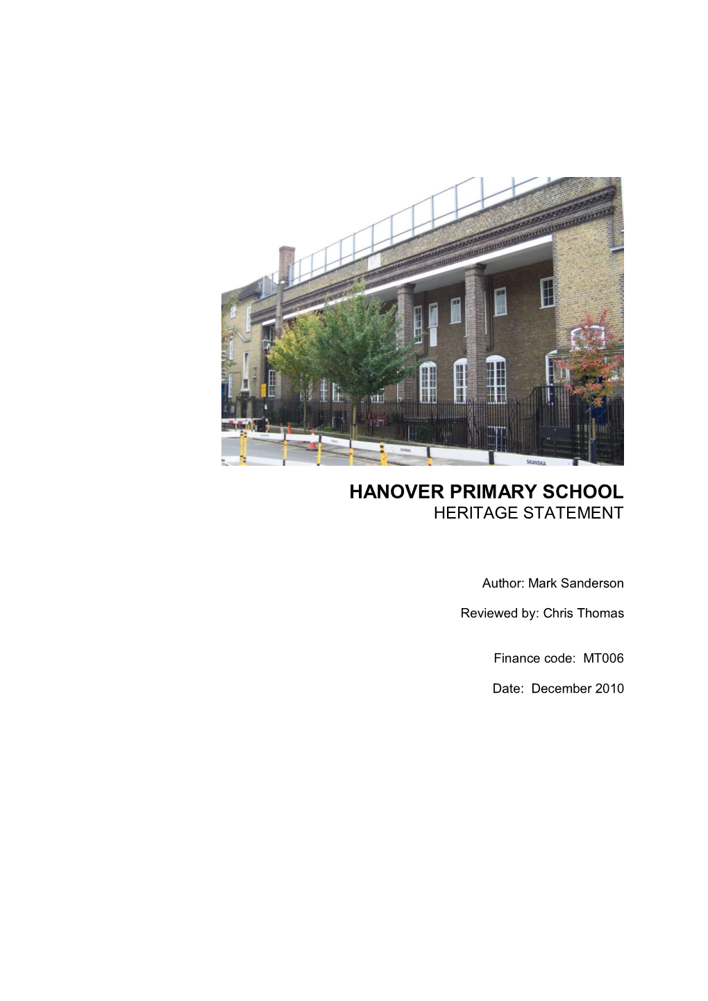 Hanover Primary School Heritage Statement