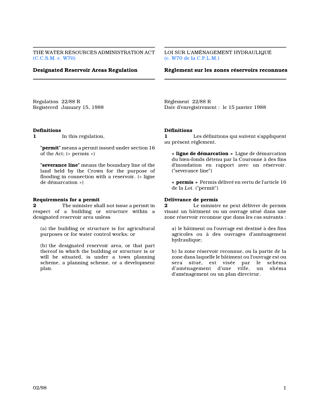 Designated Reservoir Areas Regulation, M.R. 22/88 R