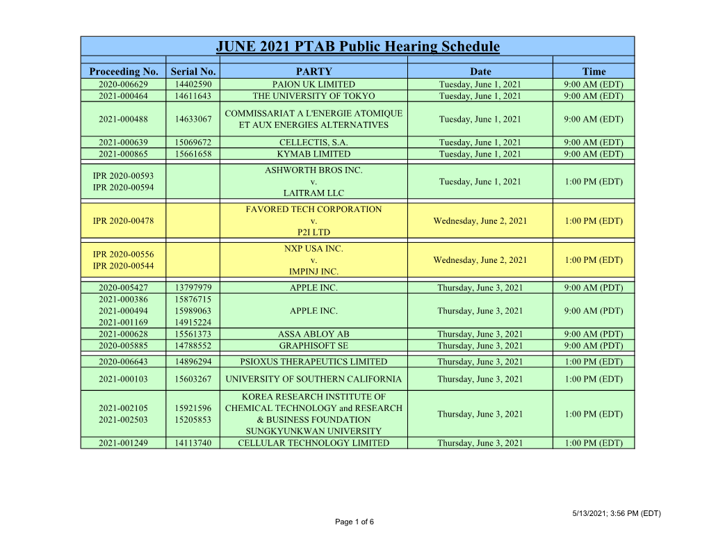 JUNE 2021 PTAB Public Hearing Schedule