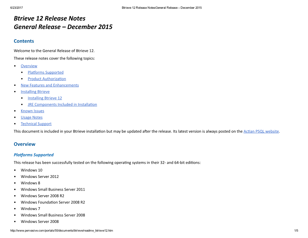 Btrieve 12 Release Notes General Release – December 2015