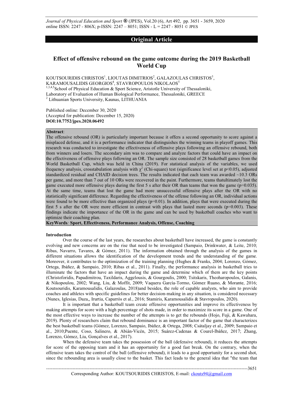 Original Article Effect of Offensive Rebound on the Game Outcome During the 2019 Basketball World