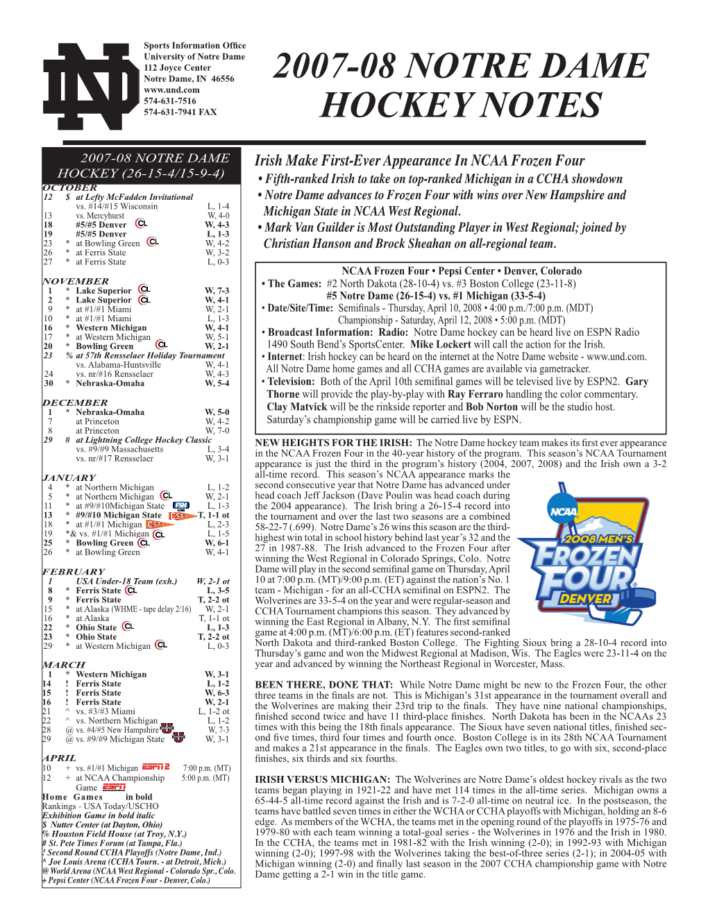 2007-08 Notre Dame Hockey Notes