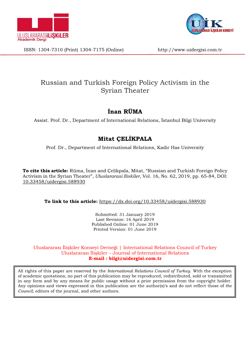 Russian and Turkish Foreign Policy Activism in the Syrian Theater