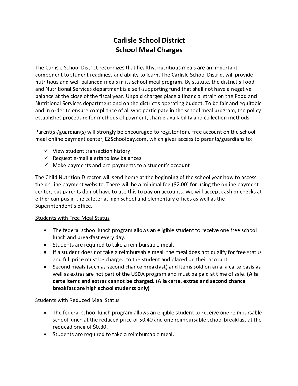 Carlisle School District School Meal Charges