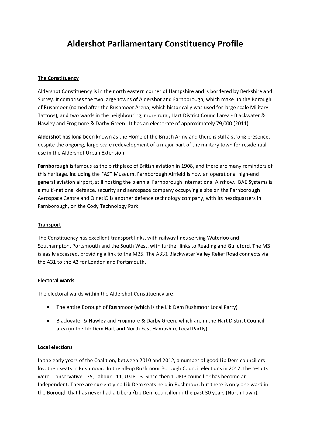 Aldershot Parliamentary Constituency Profile