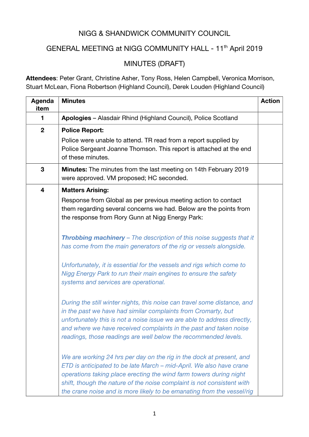 NIGG & SHANDWICK COMMUNITY COUNCIL GENERAL MEETING At