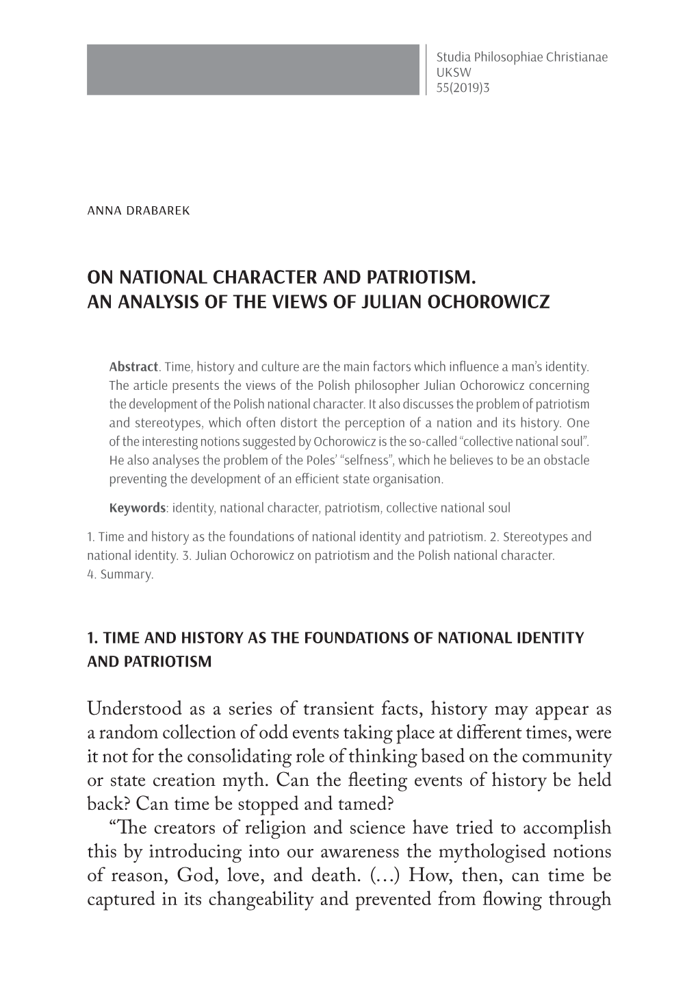 On National Character and Patriotism. an Analysis of the Views of Julian Ochorowicz