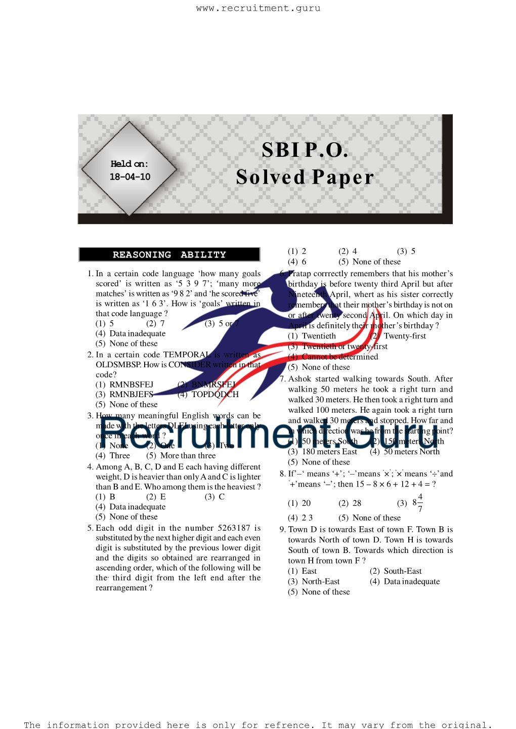 SBI P.O. Solved Paper