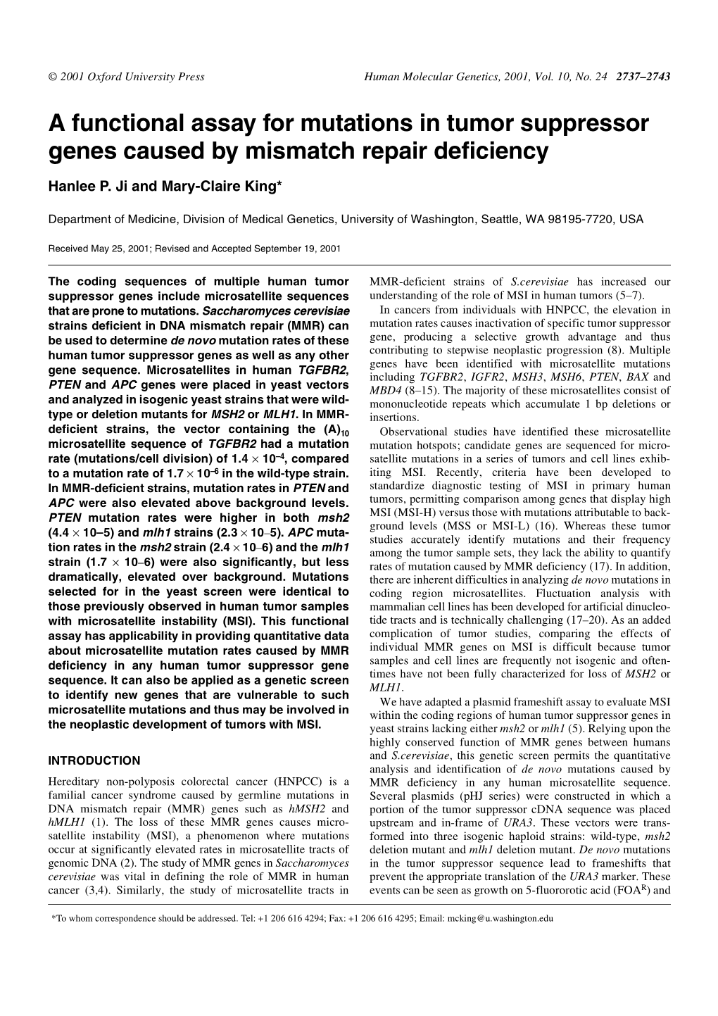 A Functional Assay for Mutations in Tumor Suppressor Genes Caused by Mismatch Repair Deficiency