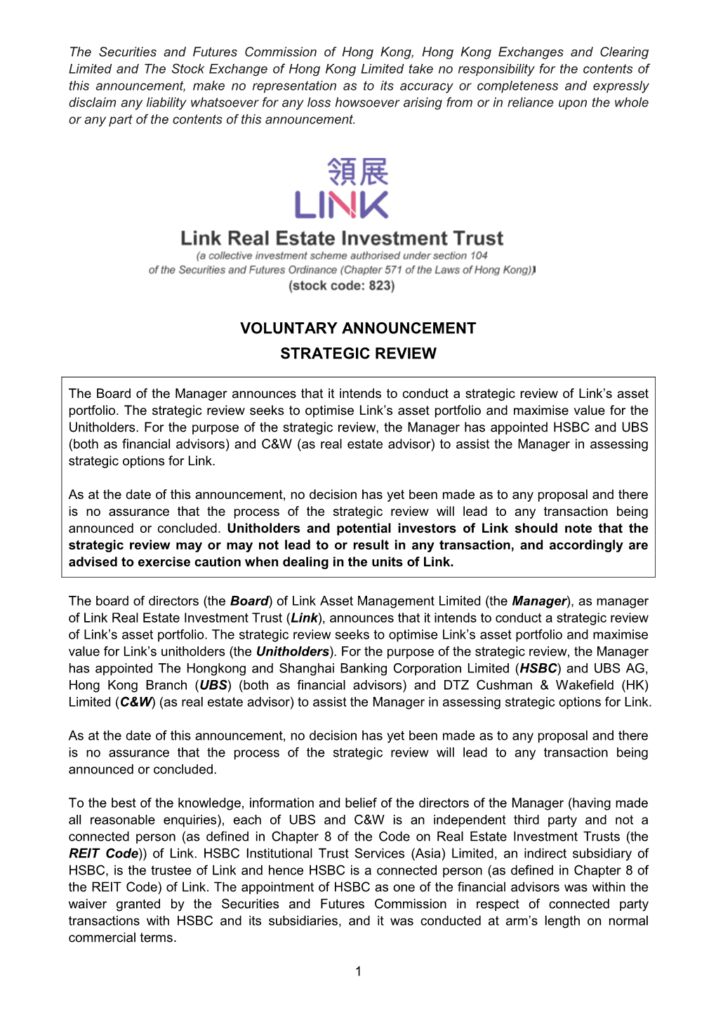 Voluntary Announcement Strategic Review
