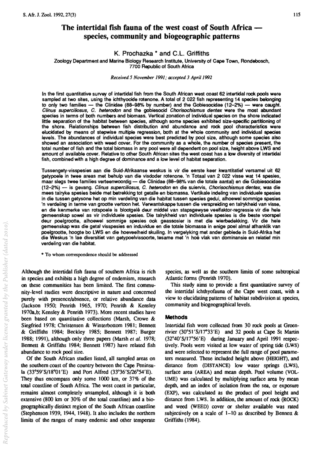 The Intertidal Fish Fauna of the West Coast of South Africa - Species, Community and Biogeographic Patterns