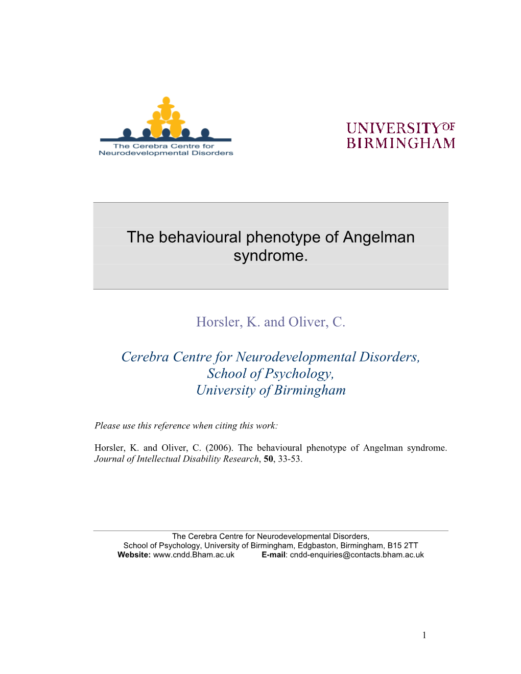 The Behavioural Phenotype of Angelman Syndrome