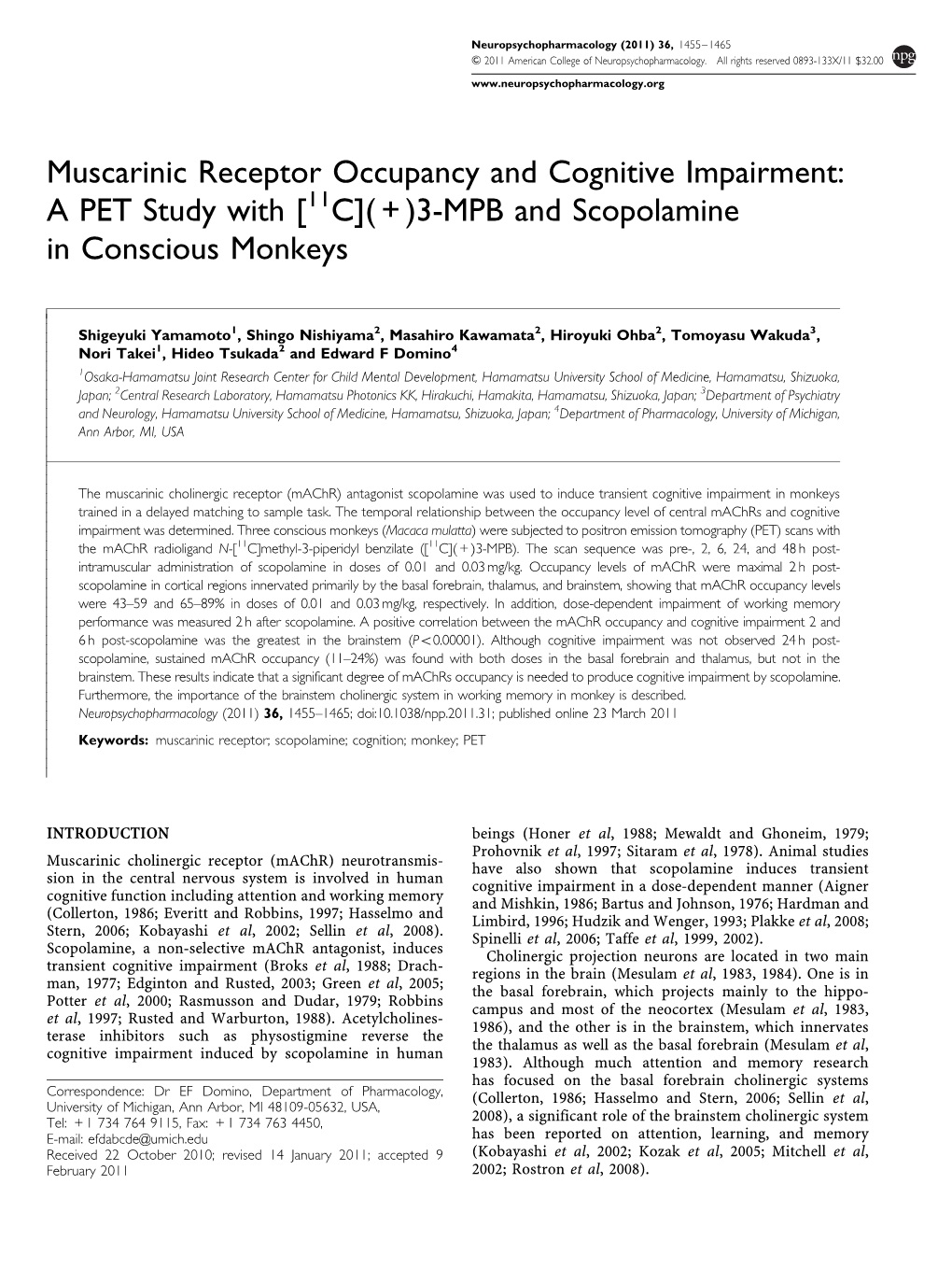 Muscarinic Receptor Occupancy and Cognitive Impairment: a PET Study with [11C]( + )3-MPB and Scopolamine in Conscious Monkeys