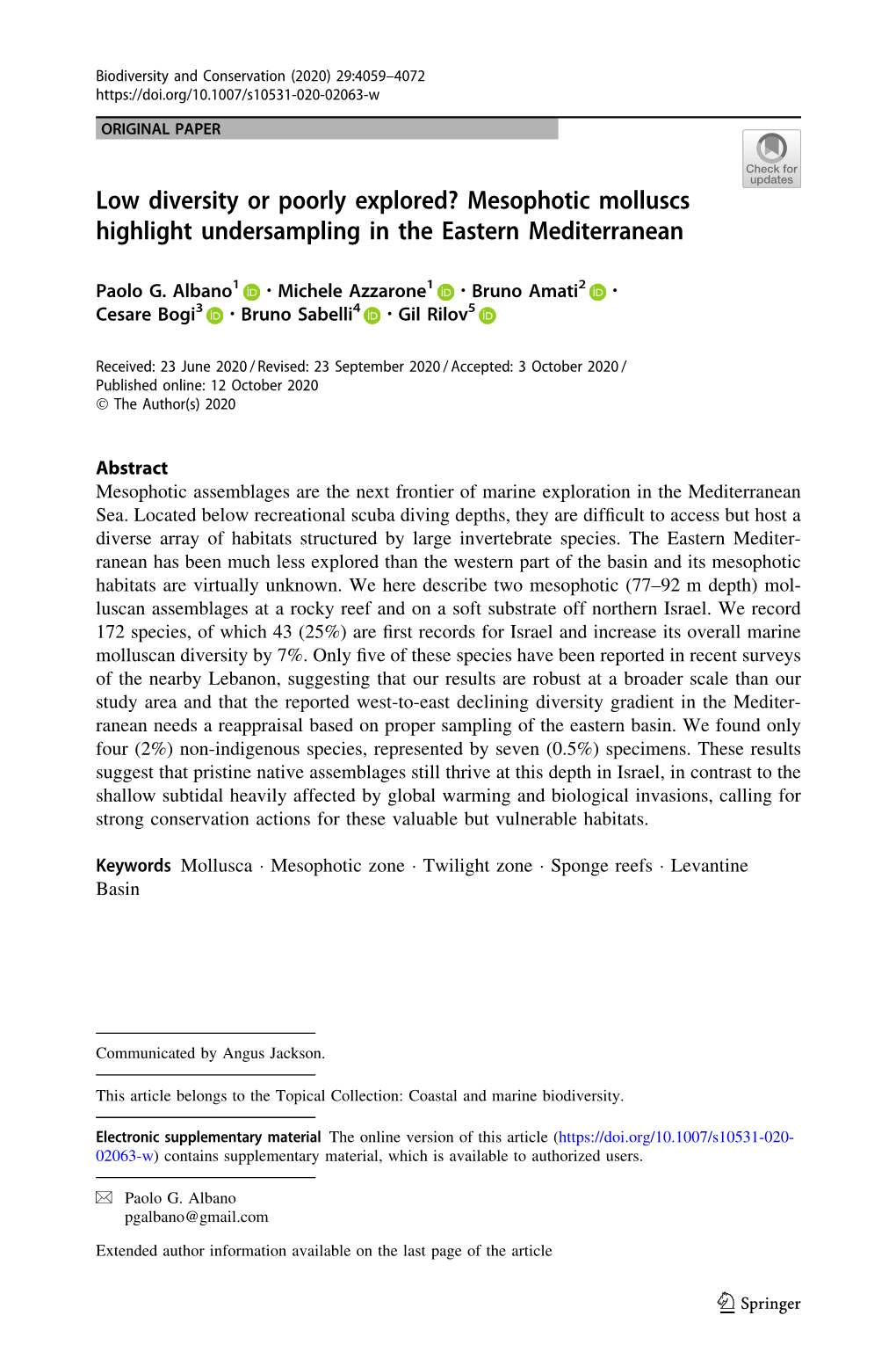 Low Diversity Or Poorly Explored? Mesophotic Molluscs Highlight Undersampling in the Eastern Mediterranean