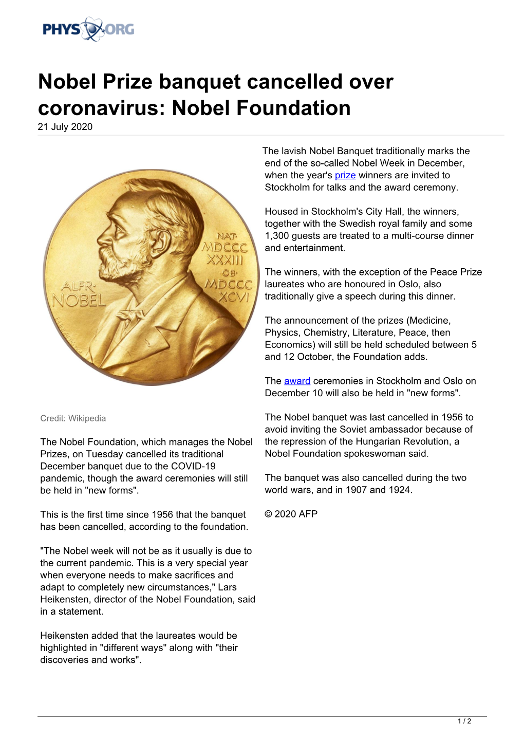 Nobel Foundation 21 July 2020