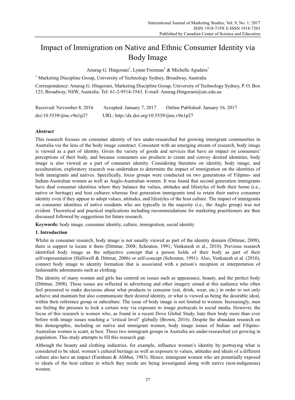 Impact of Immigration on Native and Ethnic Consumer Identity Via Body Image