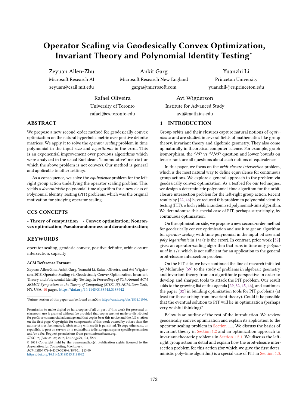 Operator Scaling Via Geodesically Convex Optimization, Invariant Theory and Polynomial Identity Testing∗