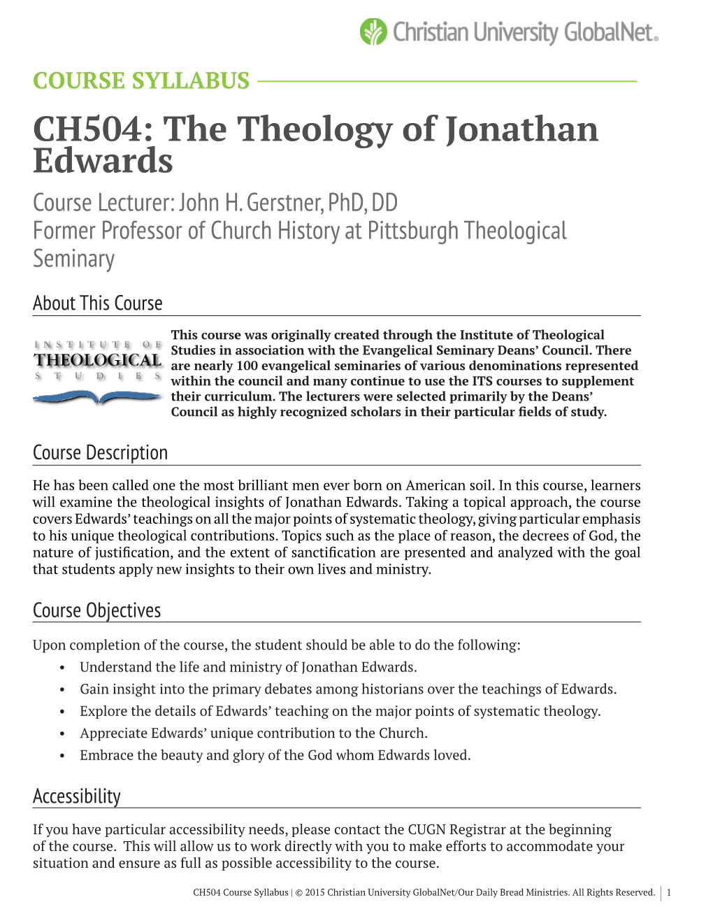 CH504: the Theology of Jonathan Edwards Course Lecturer: John H