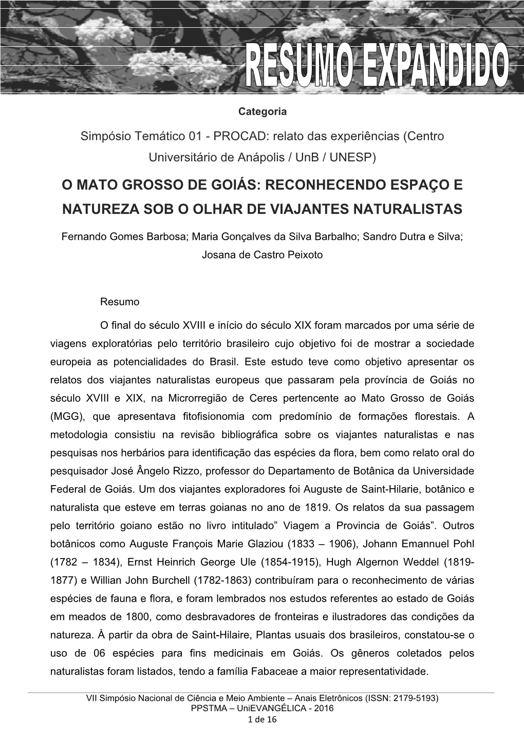 O Mato Grosso De Goiás: Reconhecendo Espaço E Natureza Sob O Olhar De Viajantes Naturalistas