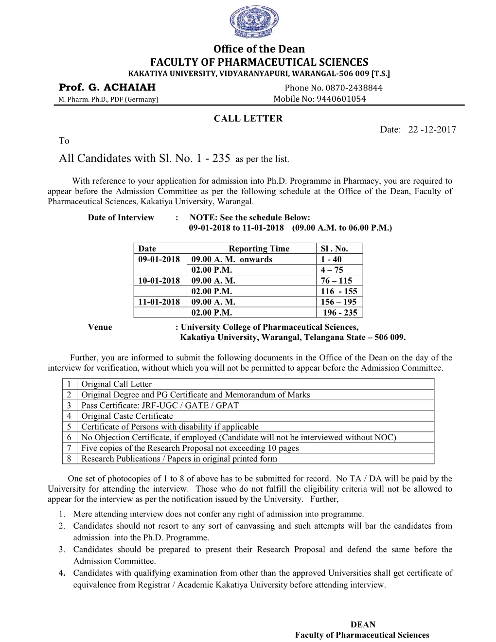 Candidates with Sl. No. 1 - 235 As Per the List