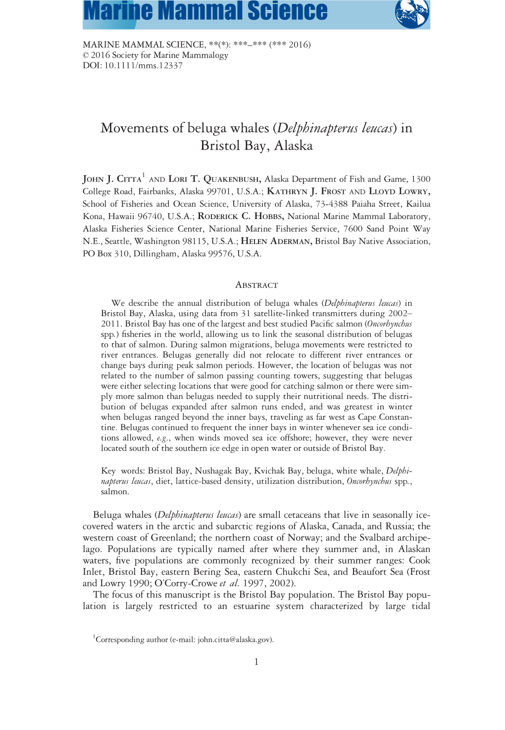 Movements of Beluga Whales (Delphinapterus Leucas) in Bristol