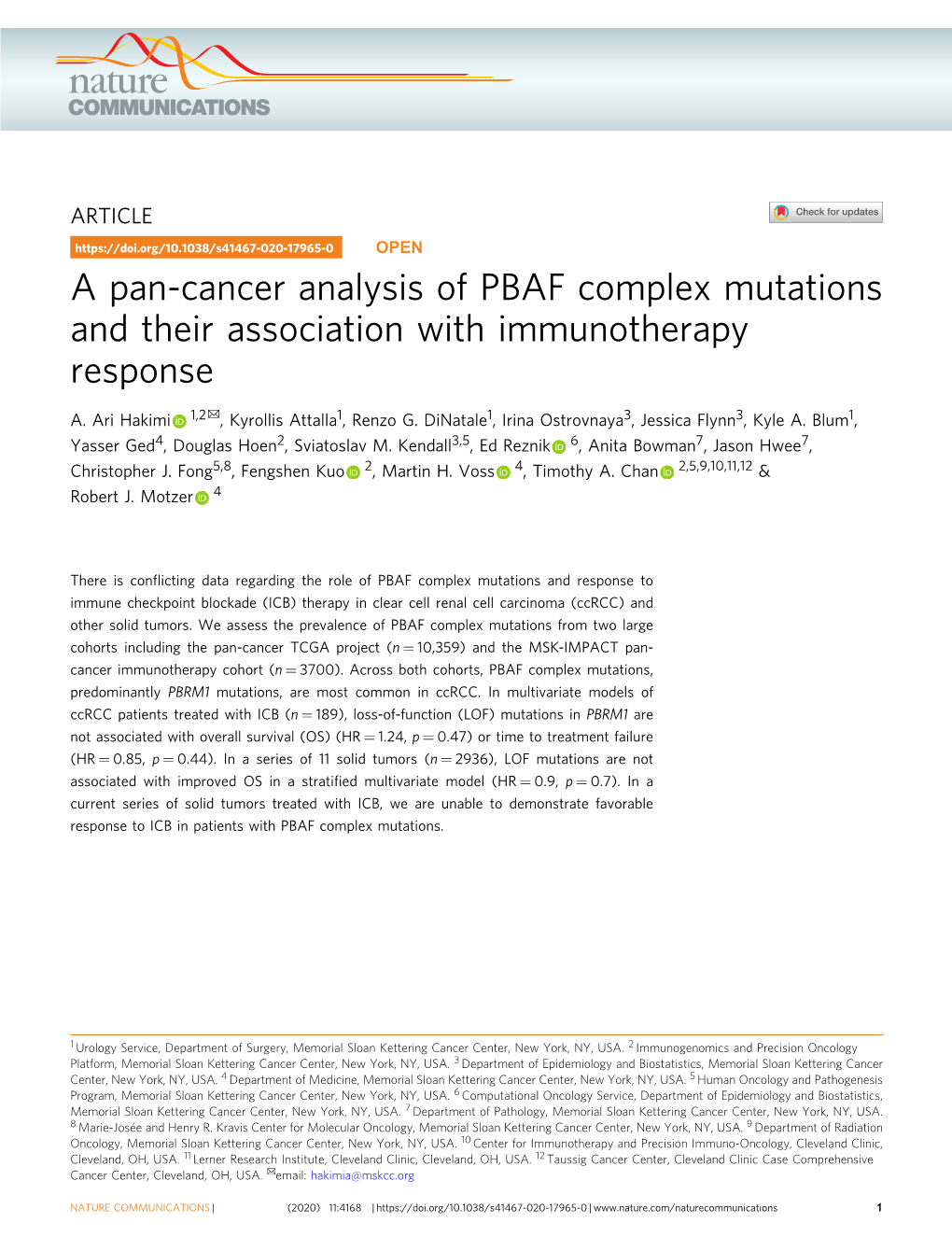 A Pan-Cancer Analysis of PBAF Complex Mutations and Their Association with Immunotherapy Response ✉ A