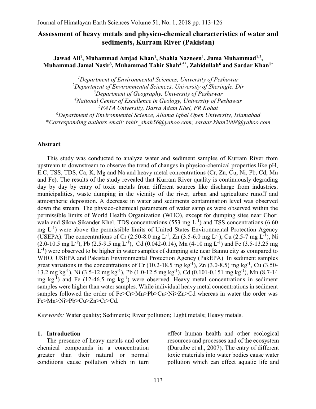 Assessment of Heavy Metals and Physico-Chemical Characteristics of Water and Sediments, Kurram River (Pakistan)